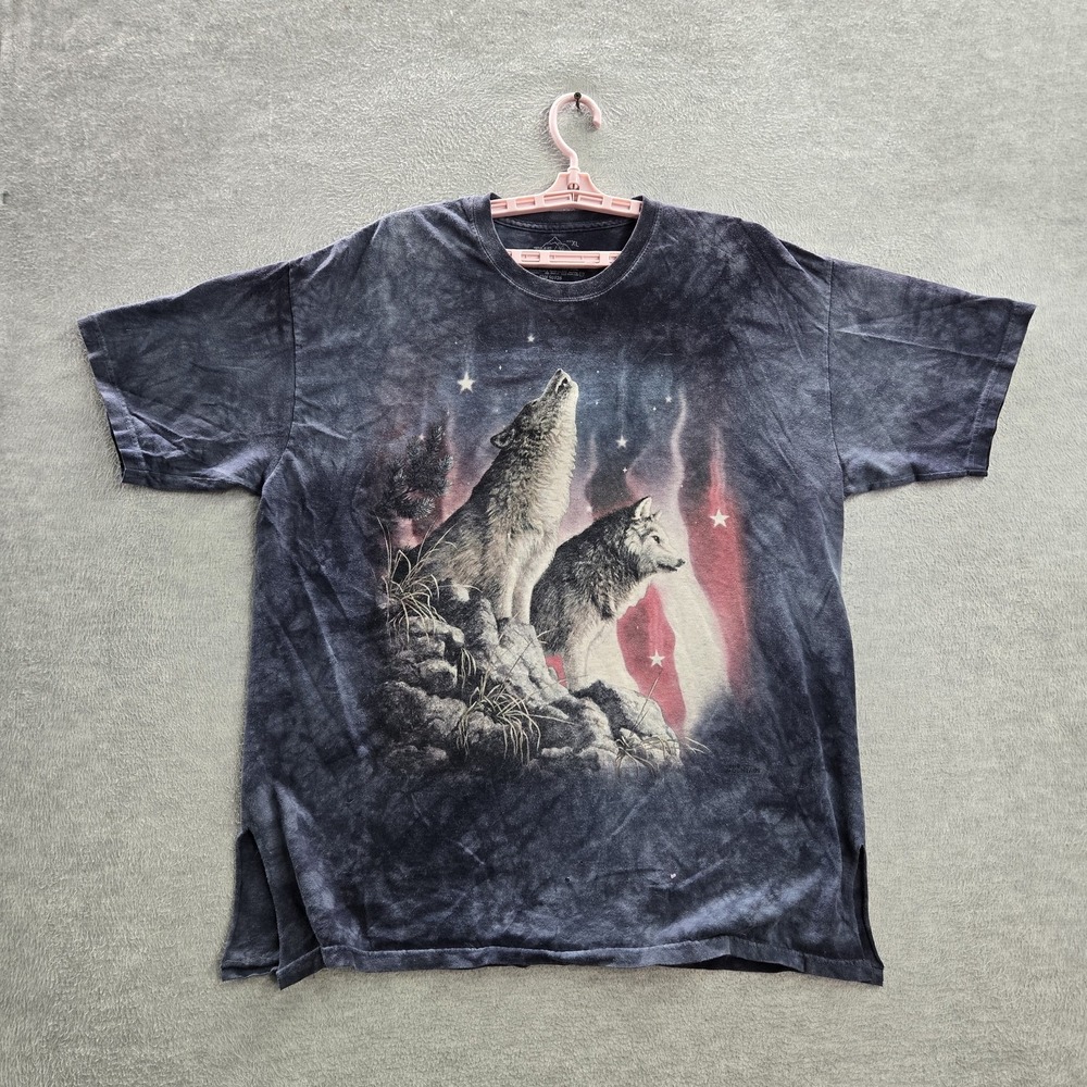 VINTAGE The Mountain Men Shirt XL Gray Tie Dye Wolf Scene Short Sleeve READ